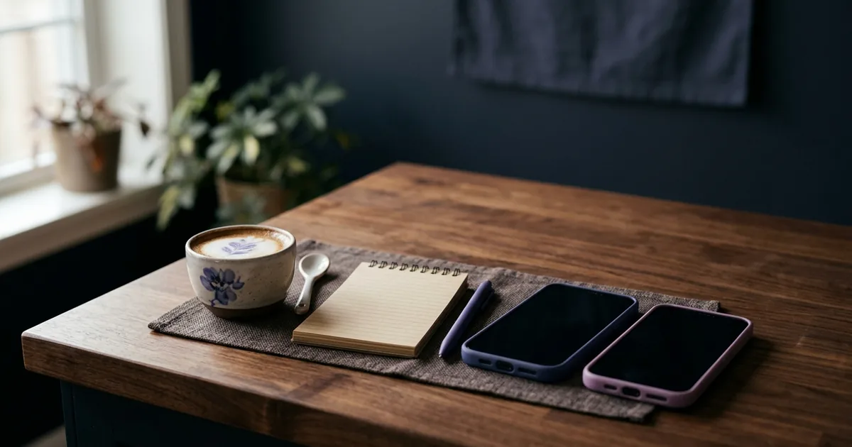 Dos teléfonos inteligentes uno al lado del otro en una encimera de cocina junto a una libreta y una taza de café.