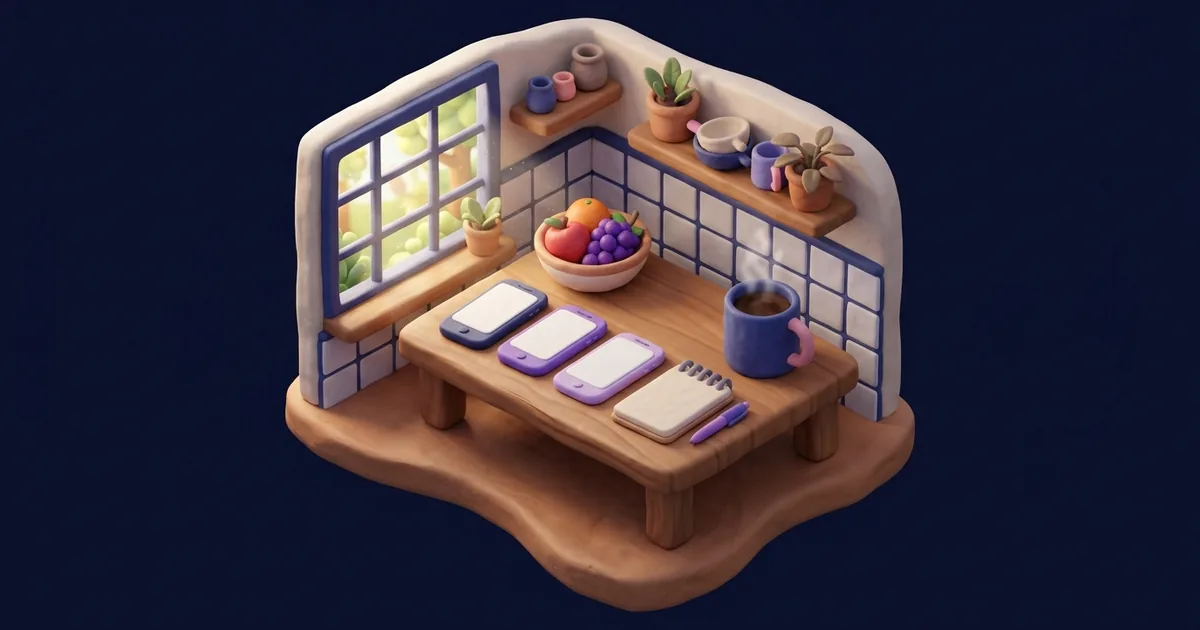 A family sitting around a kitchen table looking at their phones while organizing chores.