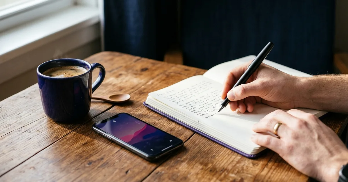 A notebook, pen, coffee cup, and smartphone on a wooden desk to represent organizing daily tasks.