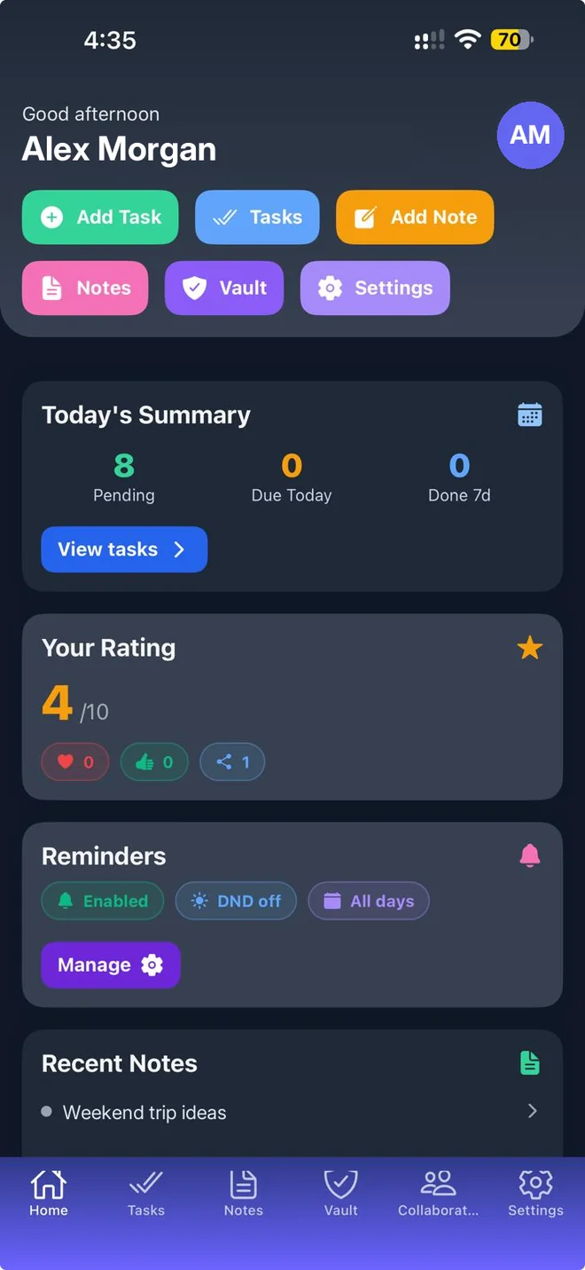Mentu home screen with today's summary, reminders and recent notes
