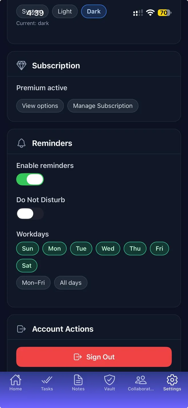 Reminders and settings